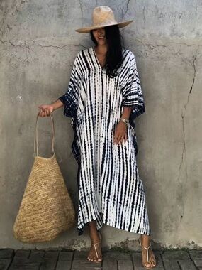 Abstract Stripe Black and White Maxi Kaftan Dress | Resort Swim Cover-Up | OS